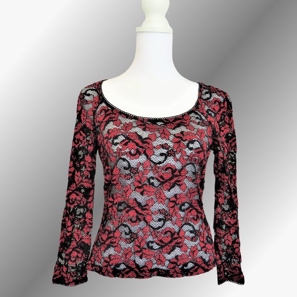 Georgiou Studio Tops - Georgiou Studio Black and Red Stretch Mesh Lace Top